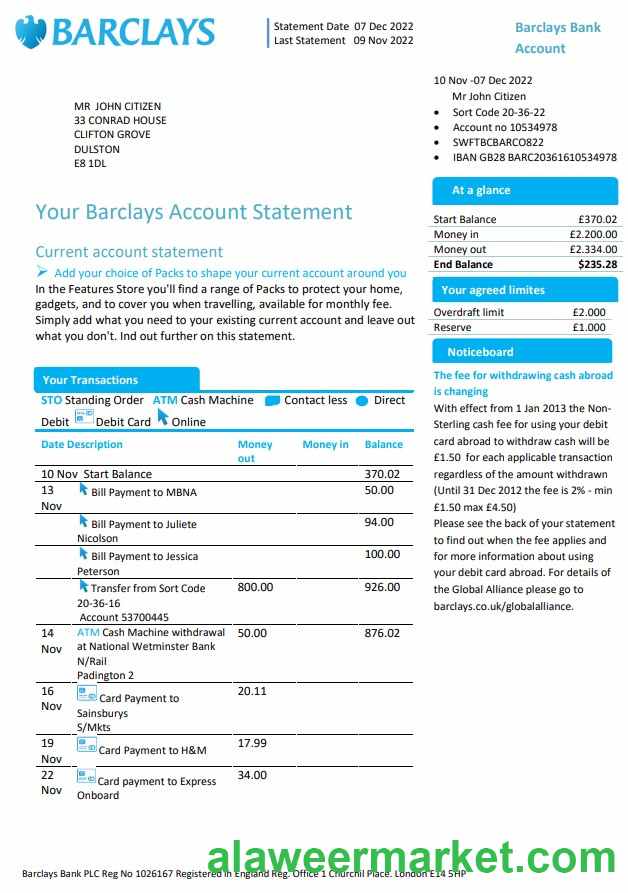 United Kingdom Barclays bank account statement template in Word and PDF format, version 1